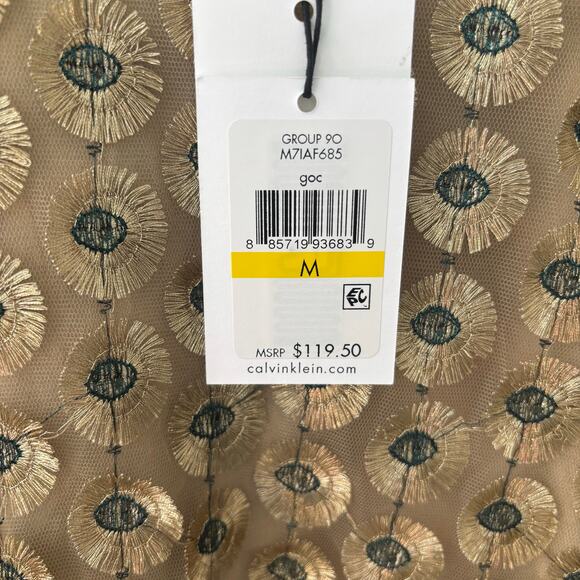 NWT Calvin Klein Embroidered Mesh Top Gold and Peacock Blue Bell Sleeves Size M - Picture 5 of 8